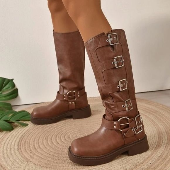 BROWN BROWN MOTO COMBAT BIKER BUCKLE BOOTIES - Picture 4 of 9